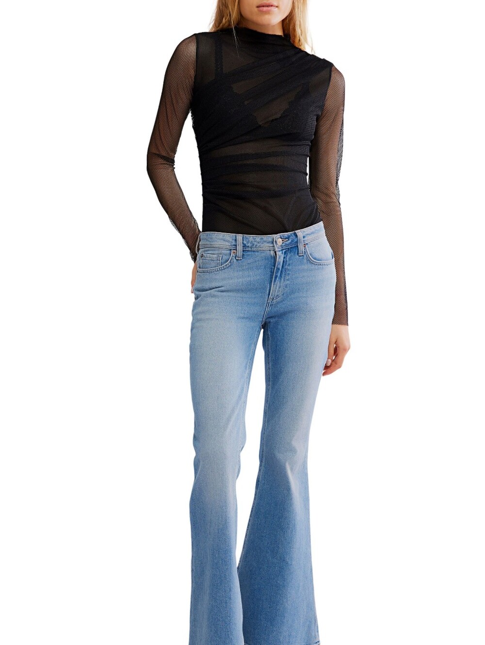 Black Long-Sleeve Ruched Sheer Bodysuit